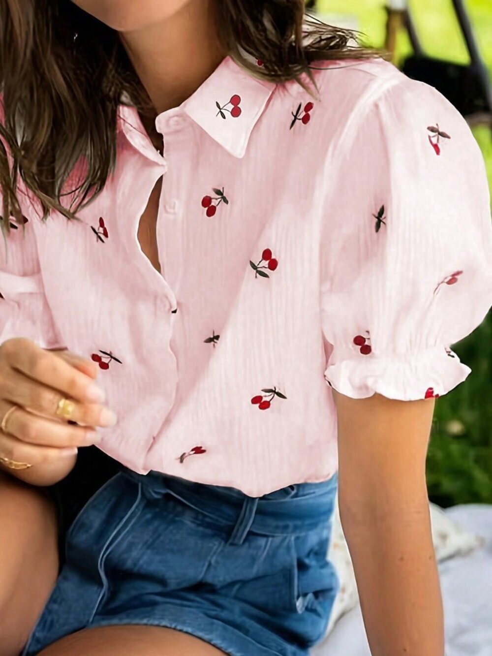 Pink Casual Women's Unique Cherry Print Ruffle Sleeve Blouse